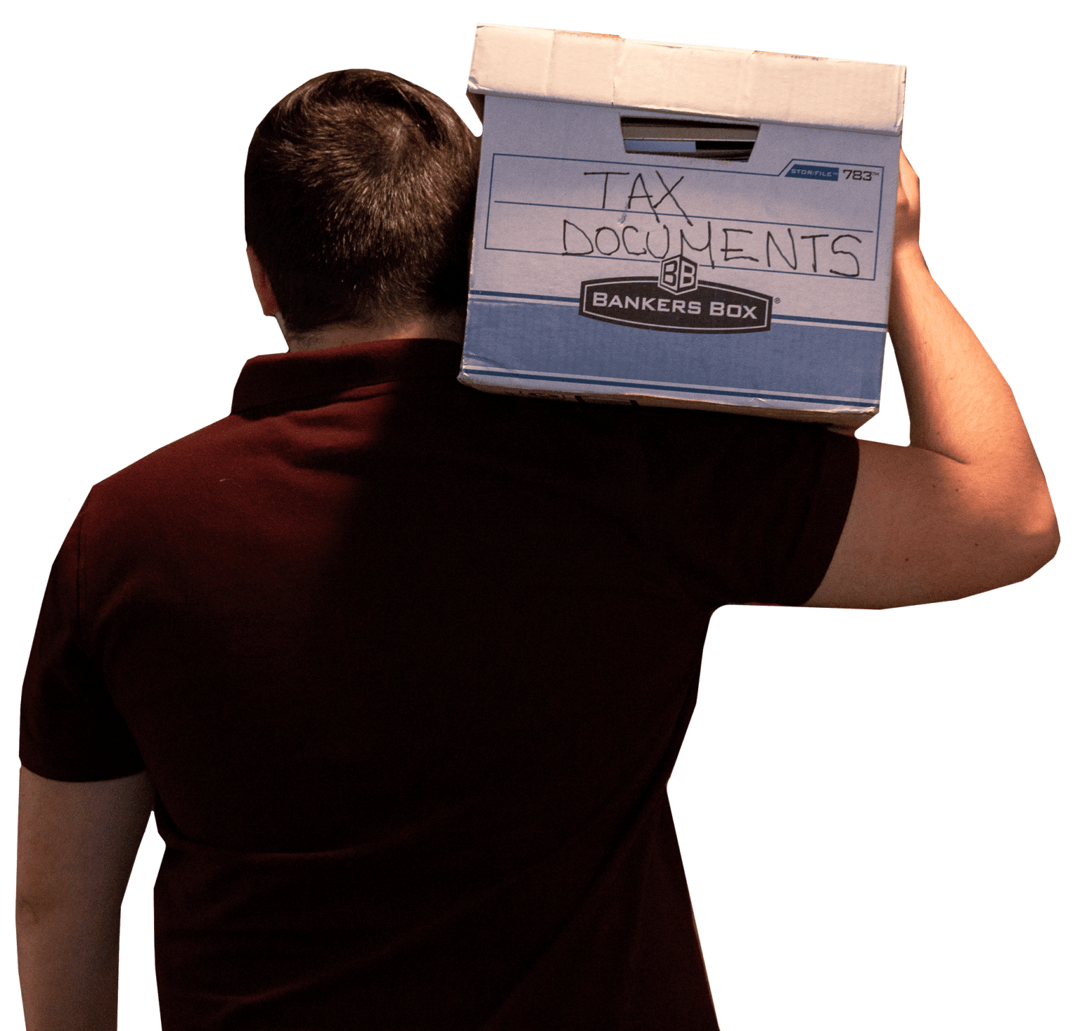 man holding box of tax documents