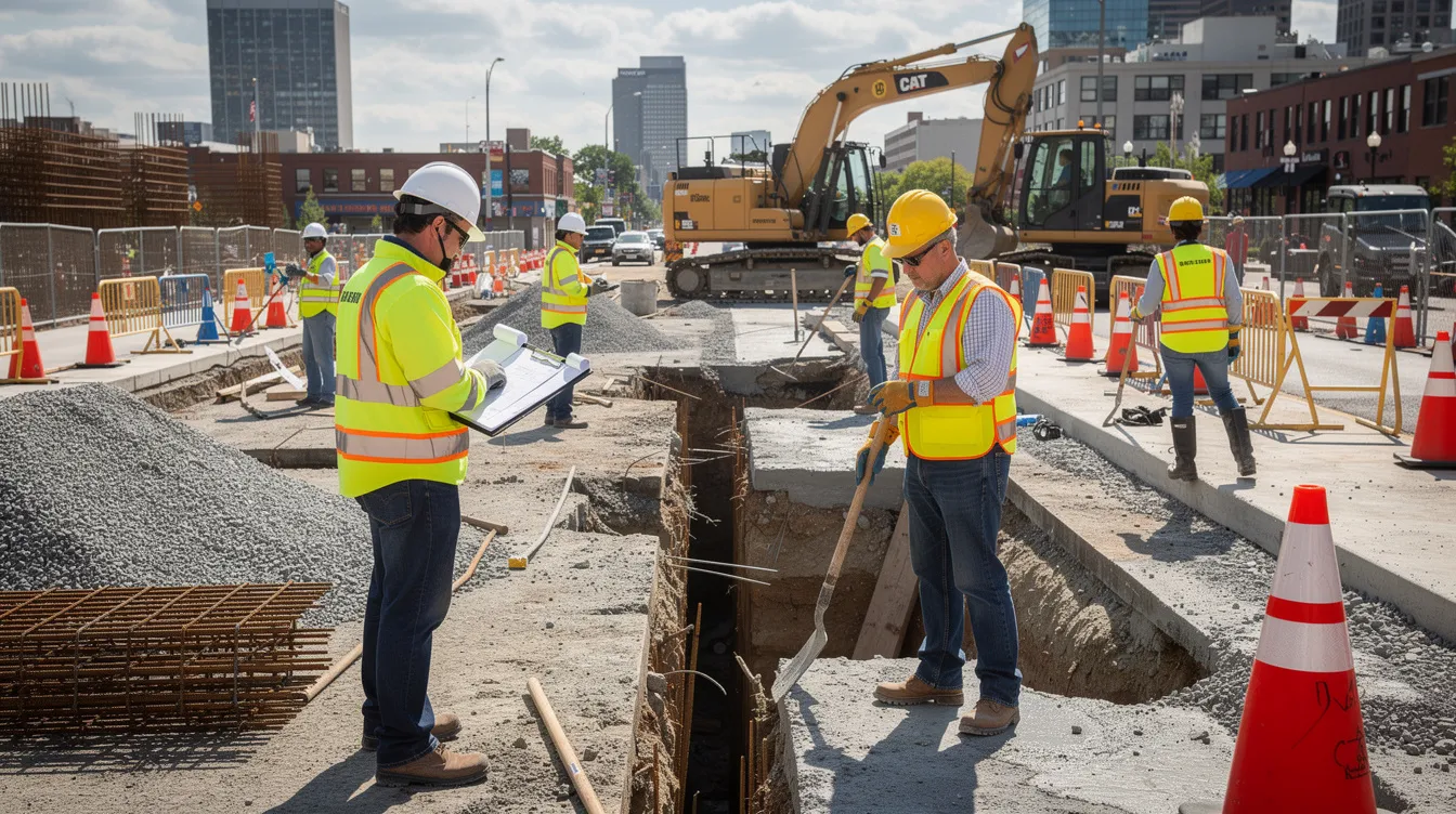 The image shows construction workers at a public works job site, all wearing safety vests and hard hats as they work on a project that adheres to prevailing wage laws. This scene highlights the importance of complying with Washington state prevailing wage requirements to ensure fair wages and benefits for workers on federally funded projects.