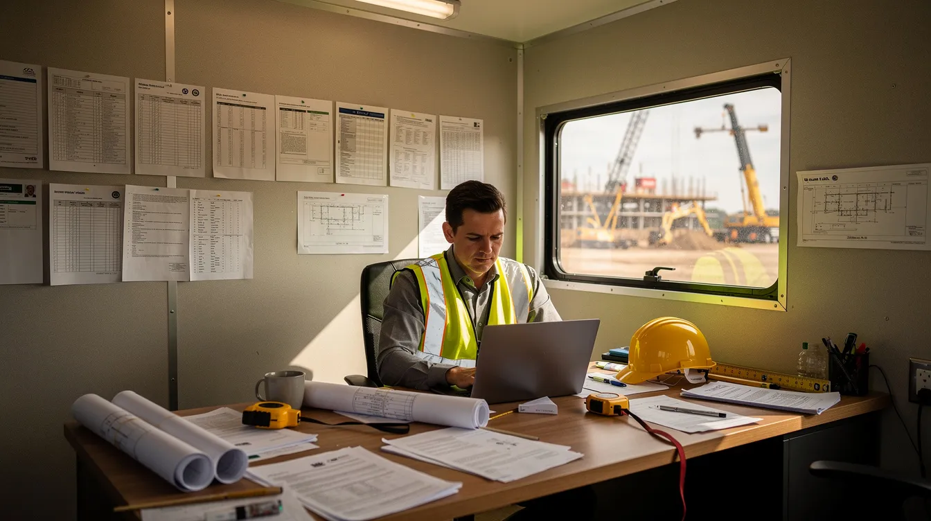 A person is seated at a desk inside a construction office trailer, focused on working on a laptop. The setting suggests a connection to prevailing wage laws and certified payroll reports, essential for managing prevailing wage projects and ensuring compliance with Washington state regulations.
