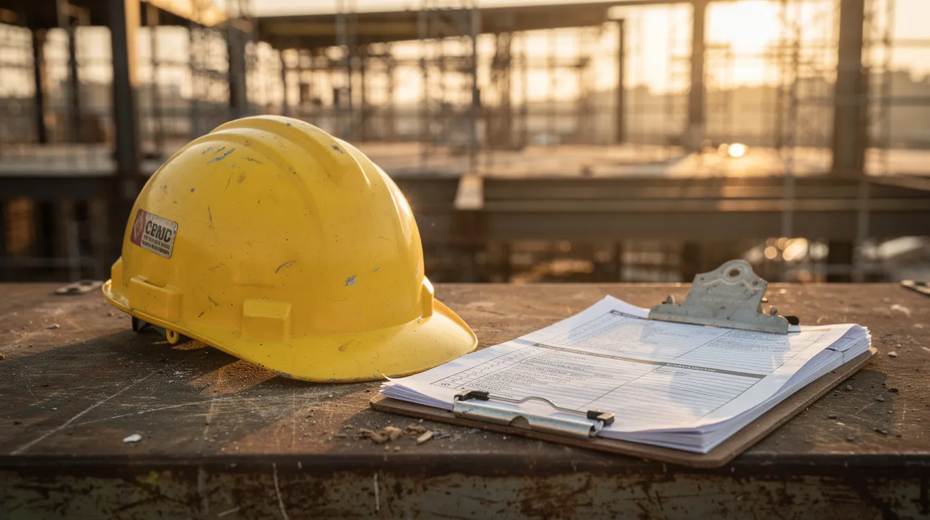 A hard hat and clipboard are placed on a worksite table, symbolizing the importance of adhering to prevailing wage requirements and regulations in construction projects. This setup highlights the need for certified payroll reports to ensure compliance with Washington state prevailing wage laws.